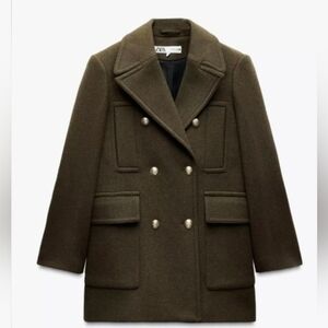 Sz M ZARA NEW WOMAN ZW COLLECTION WOOL BLEND COAT KHAKI GREEN 2071/746